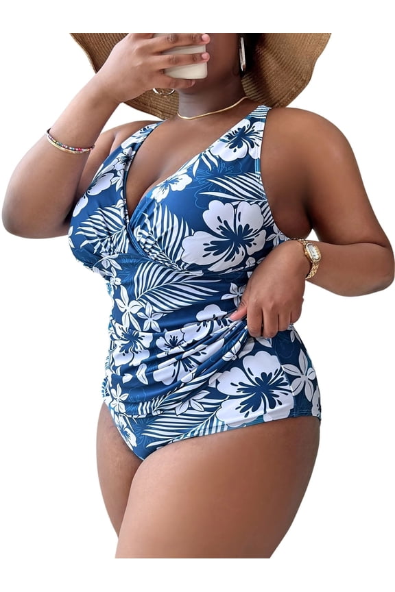 Plus Size Floral Print One Piece Swimsuit for Women Deep V Neck Slimming Tummy Control Tankini Swimsuits Womens with Bathing Suits Size XL-5XL