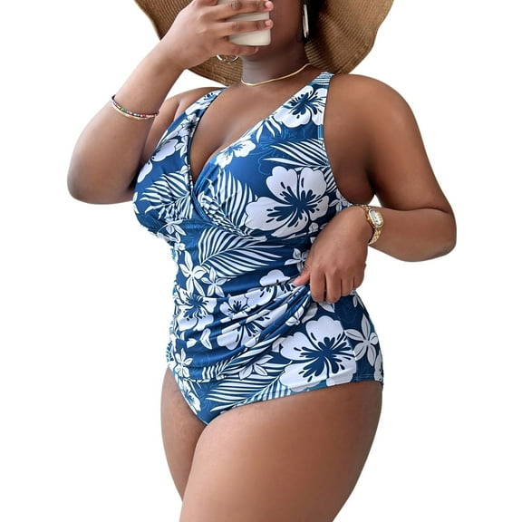 BERANMEY Plus Size Floral Print One Piece Swimsuit for Women Deep V Neck Slimming Tummy Control Tankini Swimsuits Womens with Bathing Suits Size XL-5XL