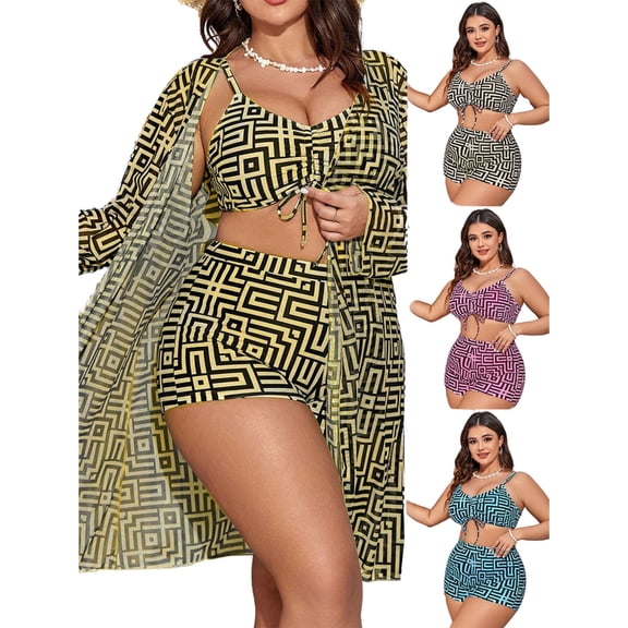 BERANMEY Plus Size Geometric Print Bikini Set Swimsuits for Women Sexy 3 Piece Bikini Sets for Women with Long Cover-up Size 0XL-5XL