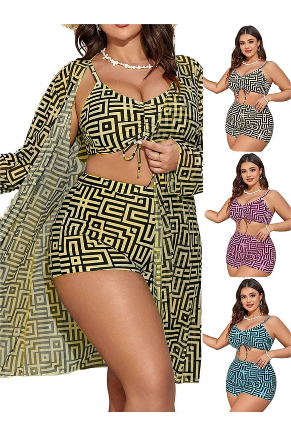 Plus Size Geometric Print Bikini Set Swimsuits for Women Sexy 3 Piece Bikini Sets for Women with Long Cover-up Size 0XL-5XL
