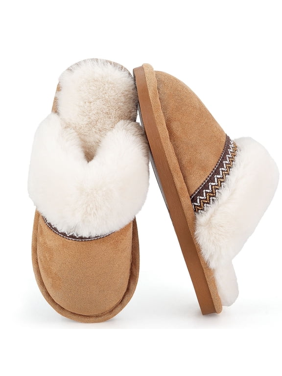 Slippers for Women Scuff Memory Foam Fuzzy Faux Fur House Slippers Bedroom Non-slip Warm Fluffy Plush Womens Slippers Unisex Slip on Anti-Skid Sole Slides