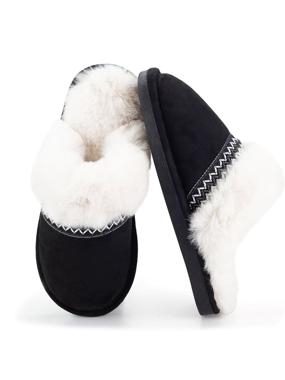 Slippers for Women Scuff Memory Foam Fuzzy Faux Fur House Slippers Bedroom Non-slip Warm Fluffy Plush Womens Slippers Unisex Slip on Anti-Skid Sole Slides