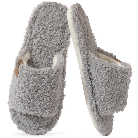BERANMEY Slippers for Women Men Open Toe Fuzzy Slide Womens Slippers Plush Fleece Lined Non‑Slip Indoor Cozy House Slippers Shoes Home Bedroom