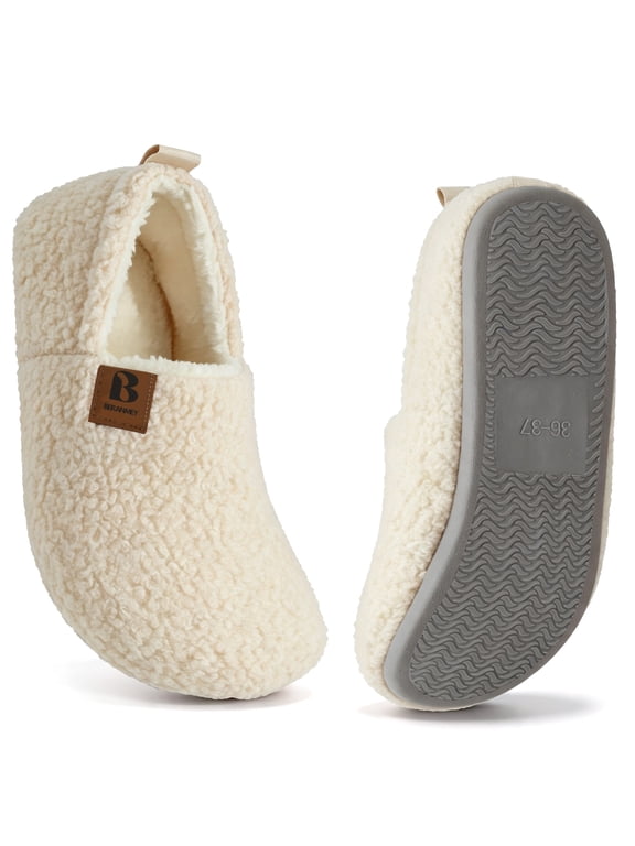 Soft Memory Foam Slippers for Women and Men, Fuzzy Curly Fur House Slippers with Non-Slip Rubber Sole, Cozy Indoor Closed Back Home Shoes for Family