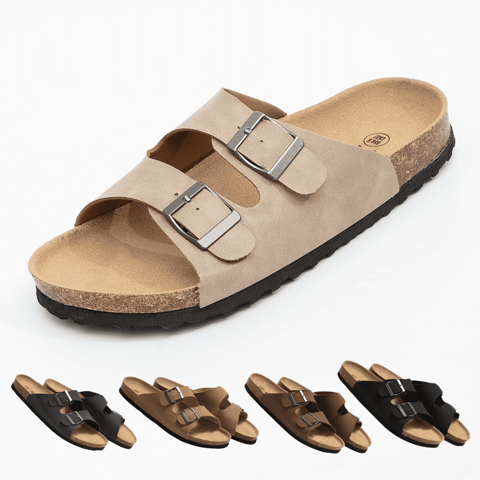 Women's Adjustable Buckle Sandals - Memory Foam Cork Footbed With Arch Support Leather Slides