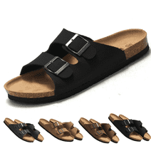 BERANMEY Unisex Cork Footbed Sandal for Womens Flat Slide Sandals Cork Footbed 2 Straps Adjustable Buckle Slip on Sandals with Comfort Arch Support for Slippers