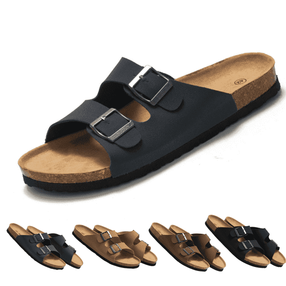 BERANMEY Unisex Cork Footbed Sandal for Womens Flat Slide Sandals Cork Footbed 2 Straps Adjustable Buckle Slip on Sandals with Comfort Arch Support for Slippers