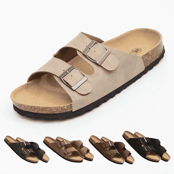 BERANMEY Unisex Cork Footbed Sandal for Womens Flat Slide Sandals Cork Footbed 2 Straps Adjustable Buckle Slip on Sandals with Comfort Arch Support for Slippers