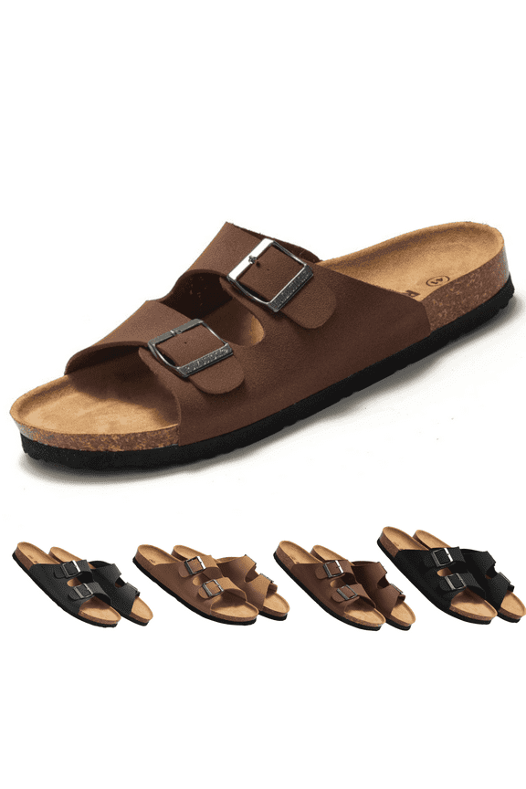 Unisex Cork Footbed Sandal for Womens Flat Slide Sandals Cork Footbed 2 Straps Adjustable Buckle Slip on Sandals with Comfort Arch Support for Slippers
