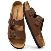 BERANMEY Unisex Cork Footbed Sandal for Womens Flat Slide Sandals Cork Footbed 2 Straps Adjustable Buckle Slip on Sandals with Comfort Arch Support for Slippers