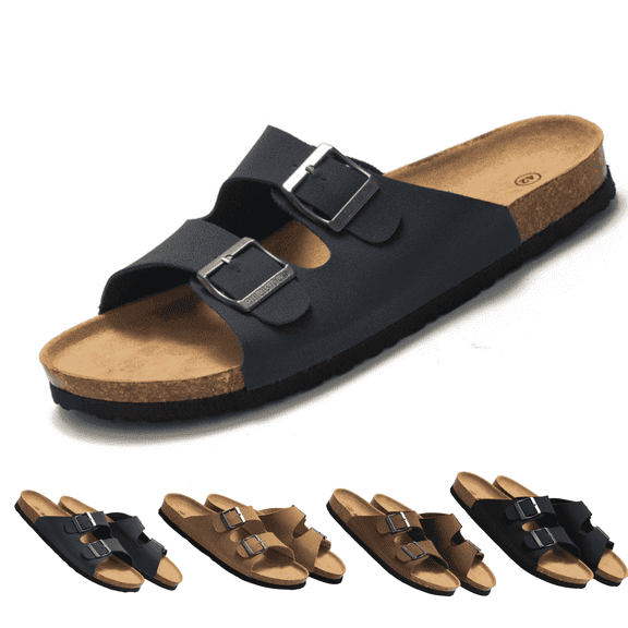 BERANMEY Unisex Cork Footbed Sandal for Womens Flat Slide Sandals Cork Footbed 2 Straps Adjustable Buckle Slip on Sandals with Comfort Arch Support for Slippers