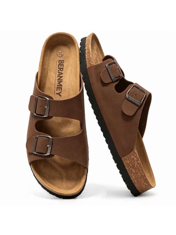 Unisex Cork Footbed Sandal for Womens Flat Slide Sandals Cork Footbed 2 Straps Adjustable Buckle Slip on Sandals with Comfort Arch Support for Slippers