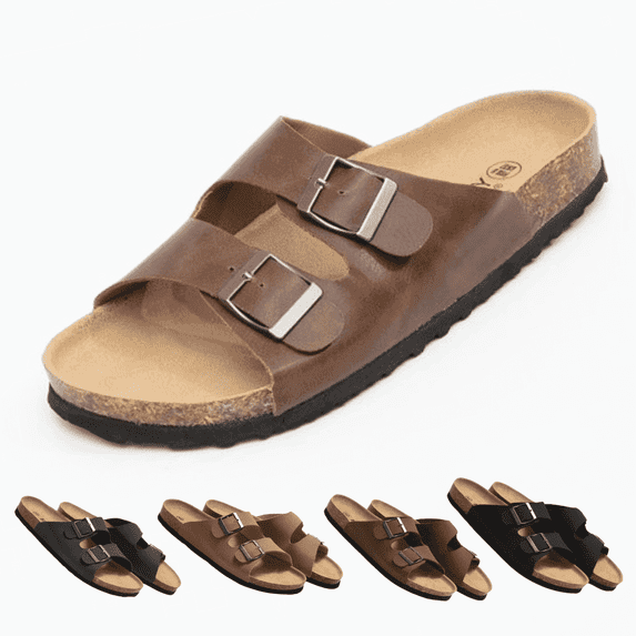 BERANMEY Unisex Cork Footbed Sandal for Womens Flat Slide Sandals Cork Footbed 2 Straps Adjustable Buckle Slip on Sandals with Comfort Arch Support for Slippers