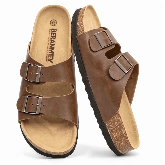 BERANMEY Unisex Cork Footbed Sandal for Womens Flat Slide Sandals Cork Footbed 2 Straps Adjustable Buckle Slip on Sandals with Comfort Arch Support for Slippers