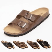 BERANMEY Unisex Cork Footbed Sandal for Womens Flat Slide Sandals Cork Footbed 2 Straps Adjustable Buckle Slip on Sandals with Comfort Arch Support for Slippers