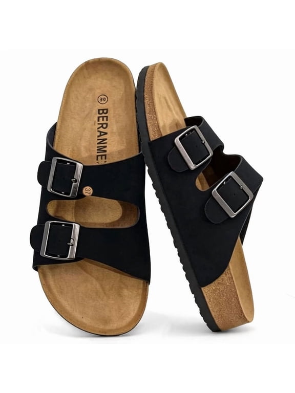 Unisex Cork Footbed Sandal for Womens Flat Slide Sandals Cork Footbed 2 Straps Adjustable Buckle Slip on Sandals with Comfort Arch Support for Slippers