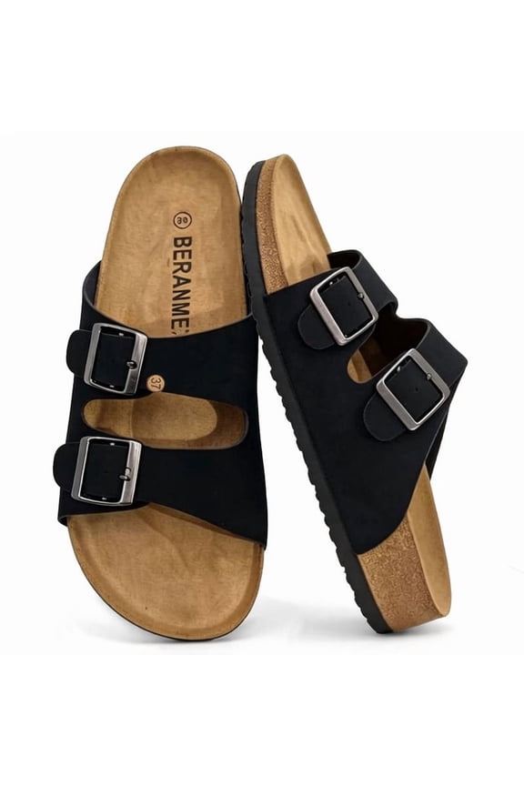 Unisex Cork Footbed Sandal for Womens Flat Slide Sandals Cork Footbed 2 Straps Adjustable Buckle Slip on Sandals with Comfort Arch Support for Slippers