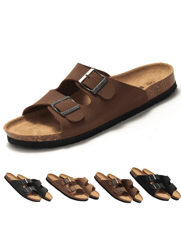 Unisex Cork Footbed Sandal for Womens Flat Slide Sandals Cork Footbed 2 Straps Adjustable Buckle Slip on Sandals with Comfort Arch Support for Slippers