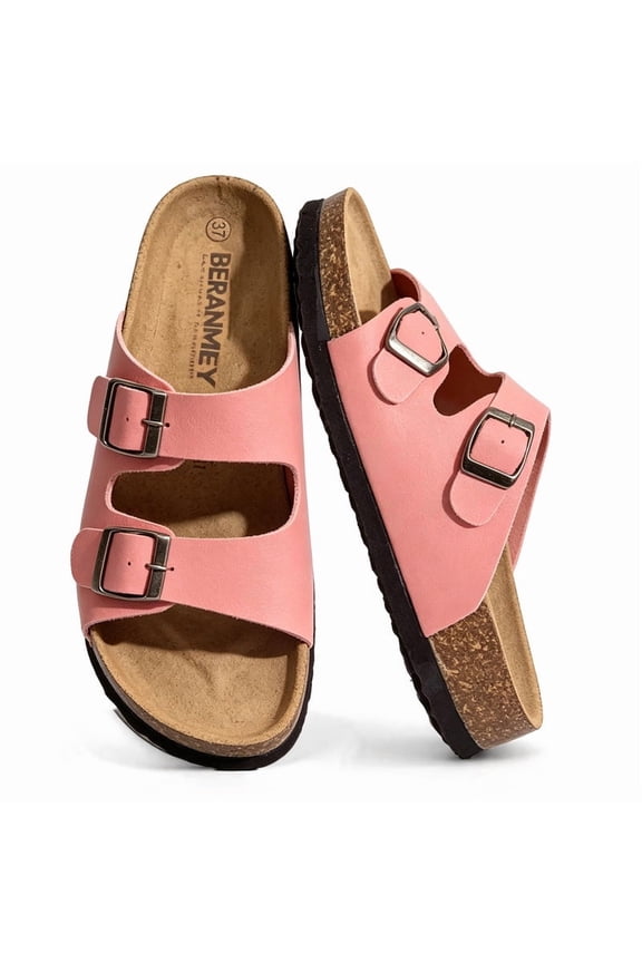 Unisex Cork Footbed Sandal for Womens Flat Slide Sandals Cork Footbed 2 Straps Adjustable Buckle Slip on Sandals with Comfort Arch Support for Slippers
