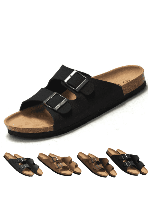 Unisex Cork Footbed Sandal for Womens Flat Slide Sandals Cork Footbed 2 Straps Adjustable Buckle Slip on Sandals with Comfort Arch Support for Slippers