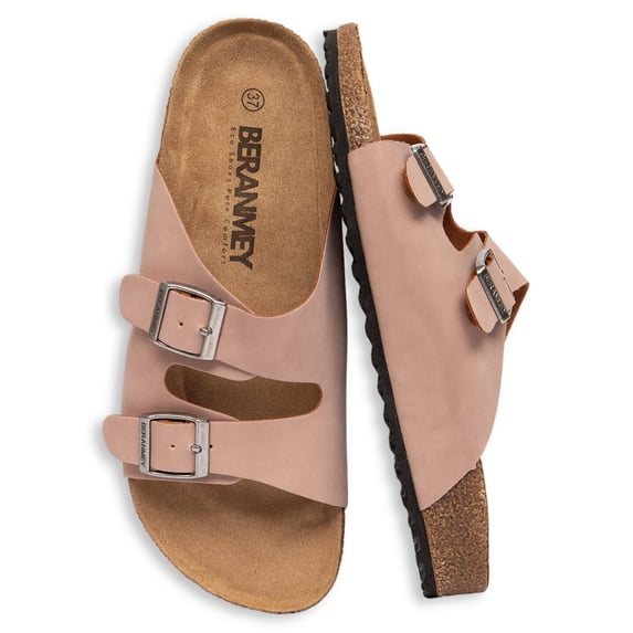BERANMEY Unisex Sandals for Women & Men Summer Beach Cork Footbed Slide Sandals with Adjustable Buckle Slip-On Arch Support Shoes for Vacation/Resort/Indoor Outdoor Slippers