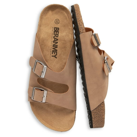 BERANMEY Unisex Sandals for Women & Men Summer Beach Cork Footbed Slide Sandals with Adjustable Buckle Slip-On Arch Support Shoes for Vacation/Resort/Indoor Outdoor Slippers