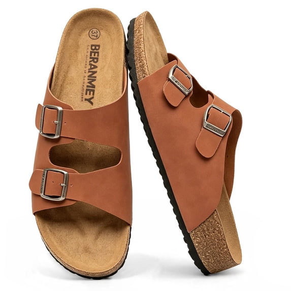 BERANMEY Unisex Sandals for Women & Men Summer Beach Cork Footbed Slide Sandals with Adjustable Buckle Slip-On Arch Support Shoes for Vacation/Resort/Indoor Outdoor Slippers