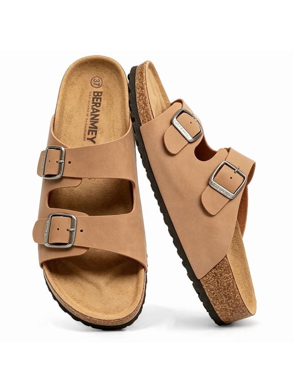 Unisex Sandals for Women & Men Summer Beach Cork Footbed Slide Sandals with Adjustable Buckle Slip-On Arch Support Shoes for Vacation/Resort/Indoor Outdoor Slippers