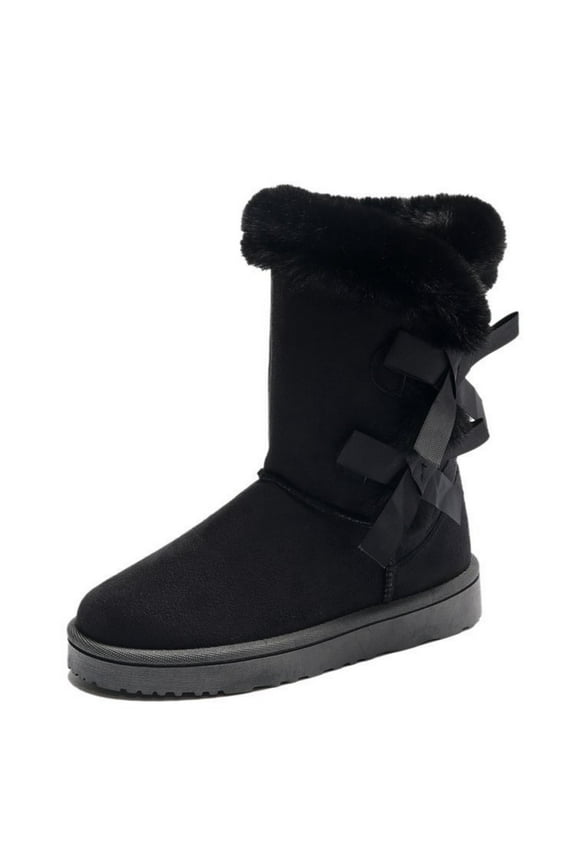 Warm & Cozy Mid Calf Boots for Women Fleece Lined Thick Insulated with Bow Detail Stylish and Comfortable Winter Cotton Boots
