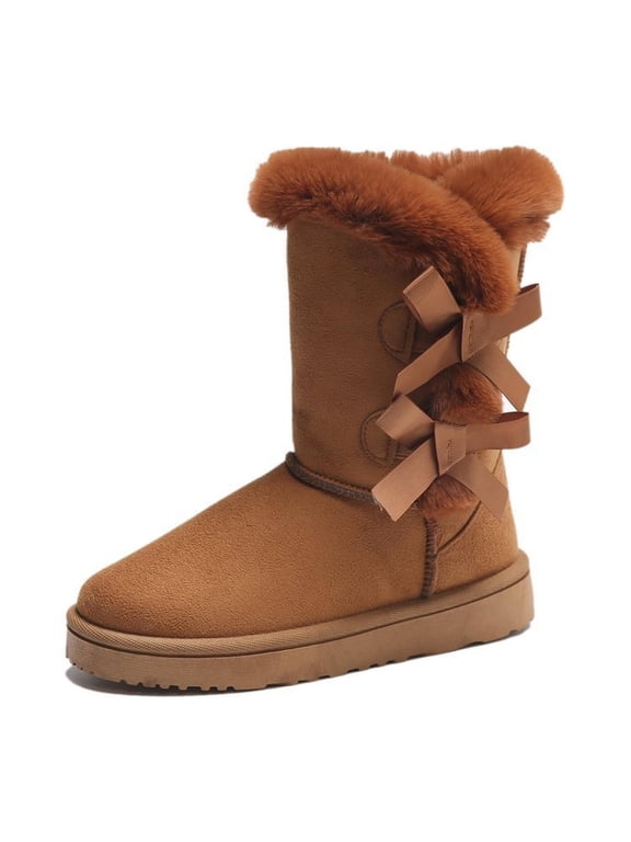 Warm & Cozy Mid Calf Boots for Women Fleece Lined Thick Insulated with Bow Detail Stylish and Comfortable Winter Cotton Boots