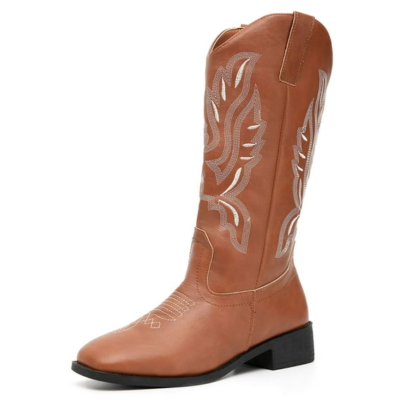 BERANMEY Women Embroidered Pull on Wide Calf Knee High Cowgirl Boots Classic Retro Chunky Heel Western Cowboy Boots for Women