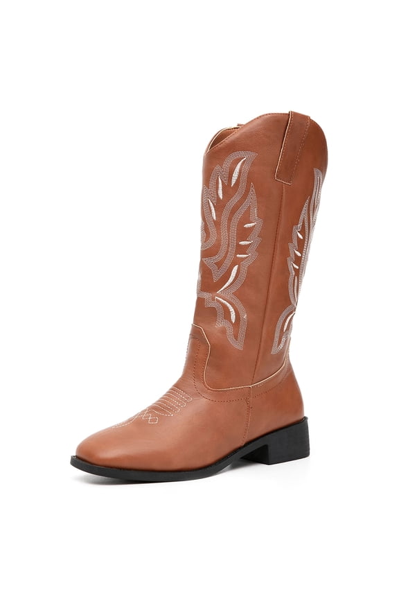 Women Embroidered Pull on Wide Calf Knee High Cowgirl Boots Classic Retro Chunky Heel Western Cowboy Boots for Women