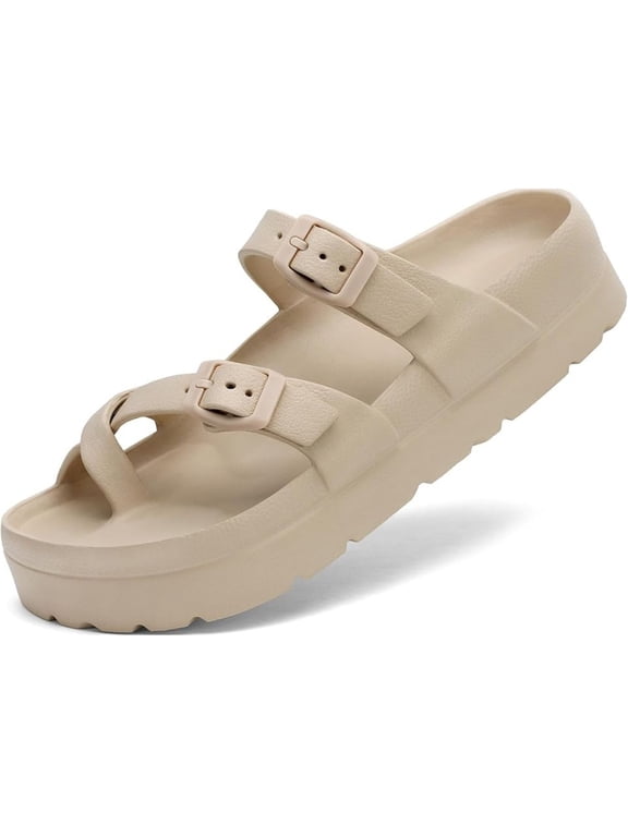 Women’s Arch‑Support Platform Flip Flops Sandals Adjustable Buckle Lightweight Foam Beach Slide Sandals for Women & Men All‑Day Comfort