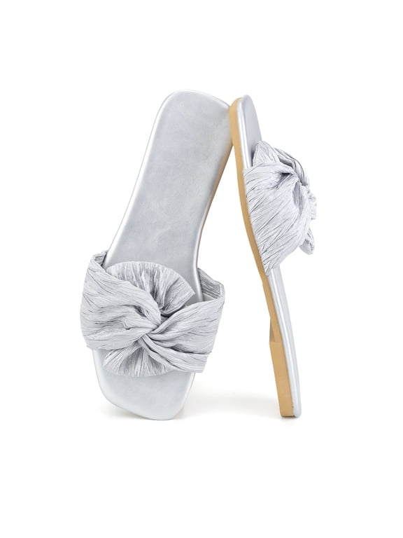 Women's Bow Slide Sandals Square Toe Flat Fashion Sandals for Wide Width Comfortable Slip-On Casual Beach Shoes for Summer