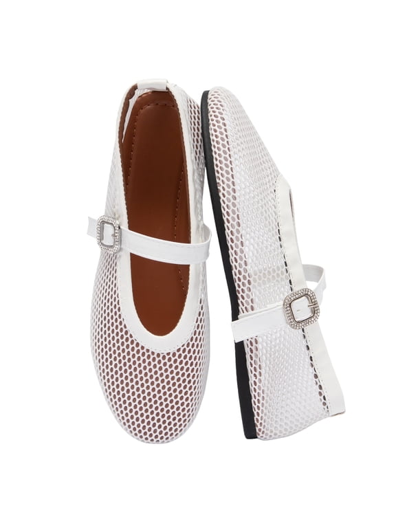 Women's Breathable Mesh Ballet Flats Casual Shoes with Crystal Buckle Fashion Fishnet Mary Jane Flats for Work & Everyday