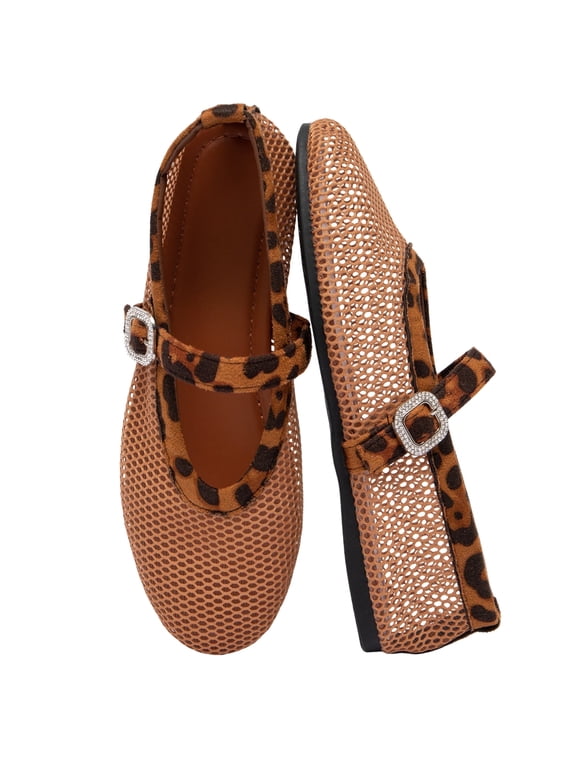 Women's Breathable Mesh Ballet Flats Casual Shoes with Crystal Buckle Fashion Fishnet Mary Jane Flats for Work & Everyday