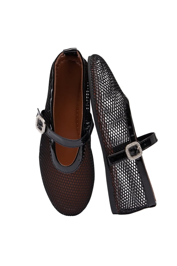 Women's Breathable Mesh Ballet Flats Casual Shoes with Crystal Buckle Fashion Fishnet Mary Jane Flats for Work & Everyday