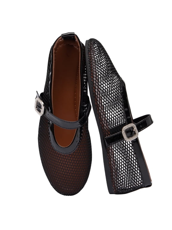 Women's Breathable Mesh Ballet Flats Casual Shoes with Crystal Buckle Fashion Fishnet Mary Jane Flats for Work & Everyday