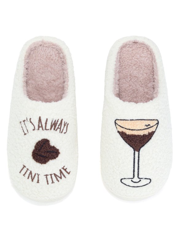 Women's Slippers with Wine Glass Plush Warm Fleece Lined House Slippers with Thick Sole Non-Slip Cozy Indoor Home Shoes