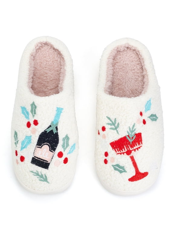 Women's Christmas Slippers with Embroidered Berry & Wine Glass Plush Warm Fleece Lined House Slippers with Thick Sole Non-Slip Cozy Indoor Home Shoes