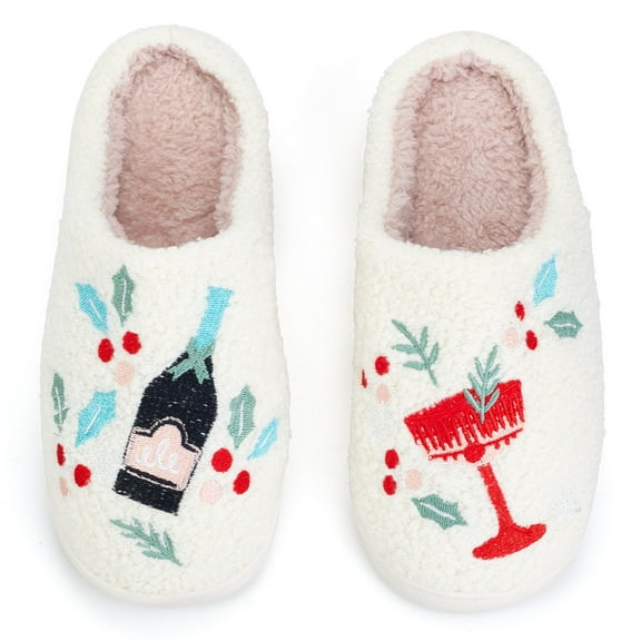 BERANMEY Women's Christmas Slippers with Embroidered Berry & Wine Glass Plush Warm Fleece Lined House Slippers with Thick Sole Non-Slip Cozy Indoor Home Shoes