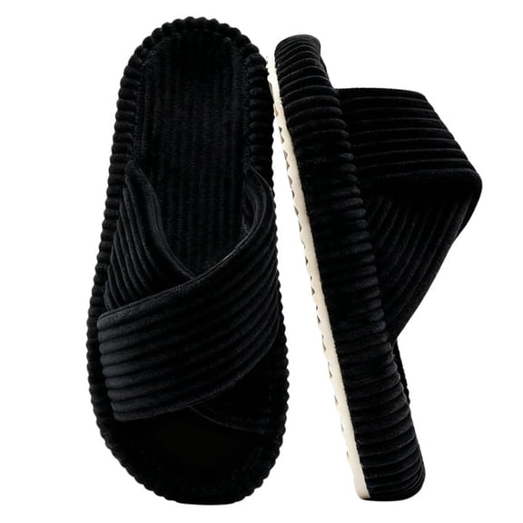 BERANMEY Women’s Corduroy Memory Foam Slippers Open Toe Slip-On Slippers for Womens with Cushioned Thick Sole Crossband Soft House Slippers & Bedroom Shoes (Gift-Ready)