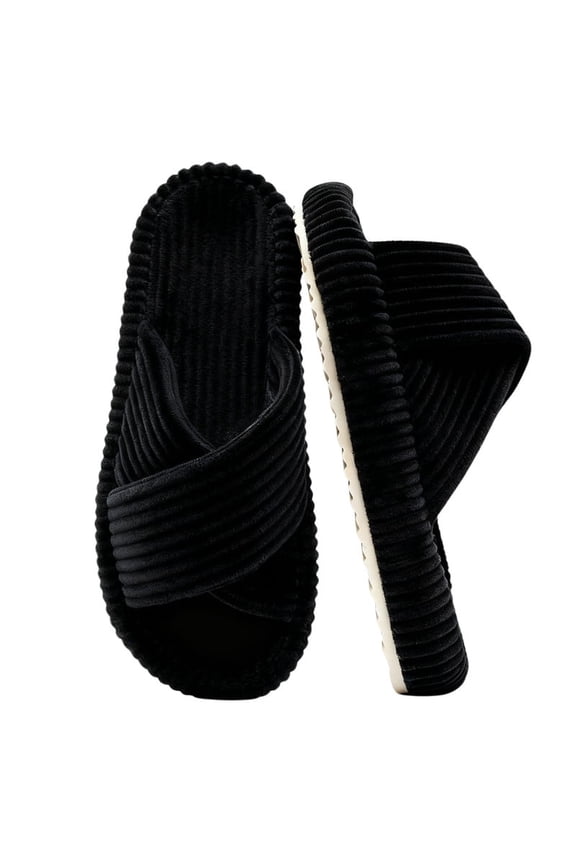 Women’s Corduroy Memory Foam Slippers Open Toe Slip-On Slippers for Womens with Cushioned Thick Sole Crossband Soft House Slippers & Bedroom Shoes (Gift-Ready)