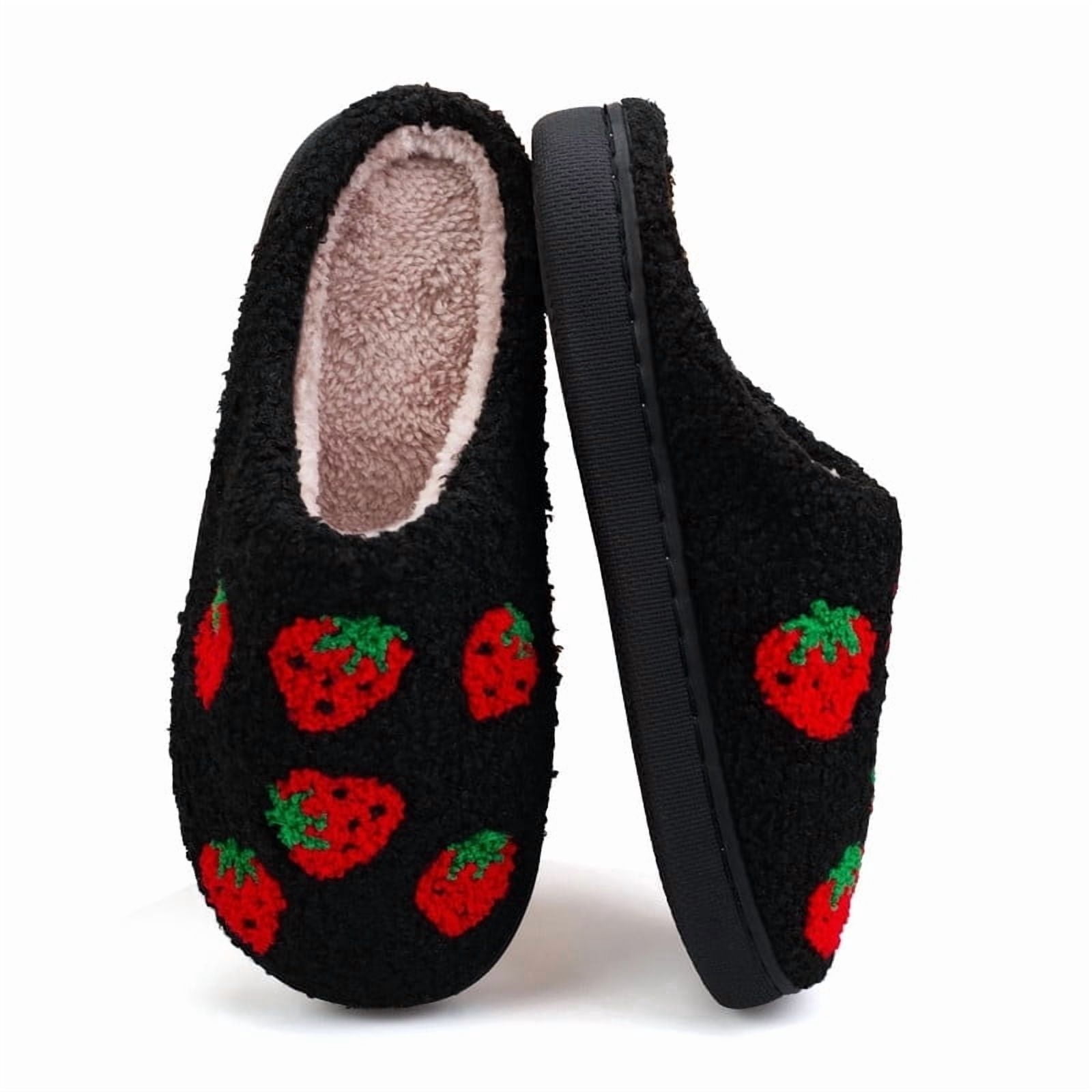 BERANMEY Cute Fruits Print Slippers for Women Soft Plush Comfy Warm Slip-On Couple CartoonWomens Slippers Indoor Fluffy House Slippers for Women and Men Non-slip Fuzzy Flat Slides