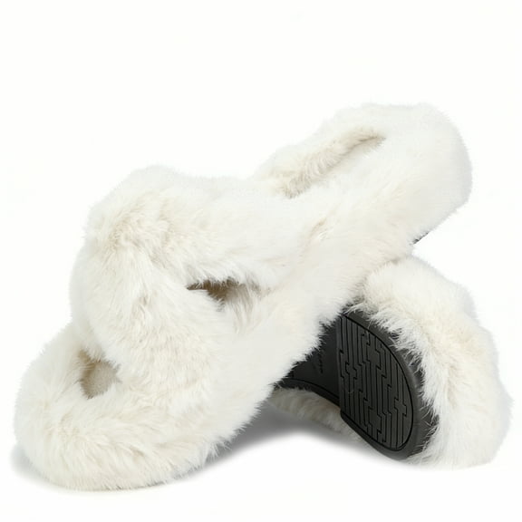 BERANMEY Women's Fuzzy Slippers Open Toe Cross Band Memory Foam House Slippers Indoor Outdoor Cozy Plush Slippers for Women Winter Warm Shoes