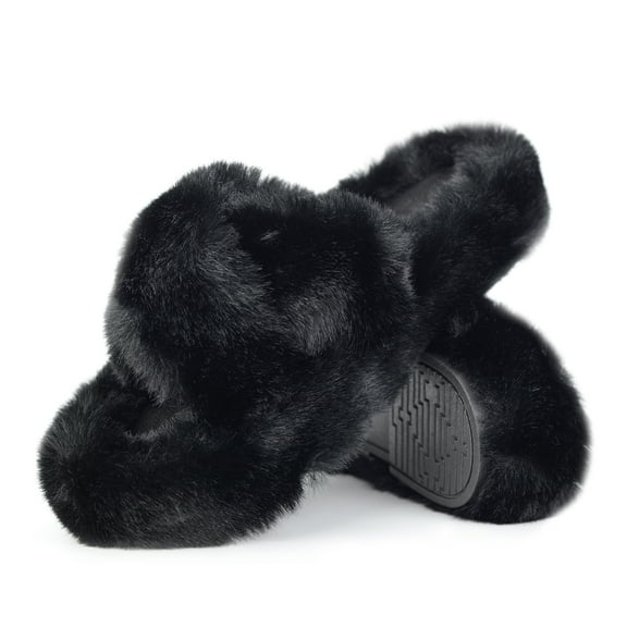 BERANMEY Women's Fuzzy Slippers Open Toe Cross Band Memory Foam House Slippers Indoor Outdoor Cozy Plush Slippers for Women Winter Warm Shoes