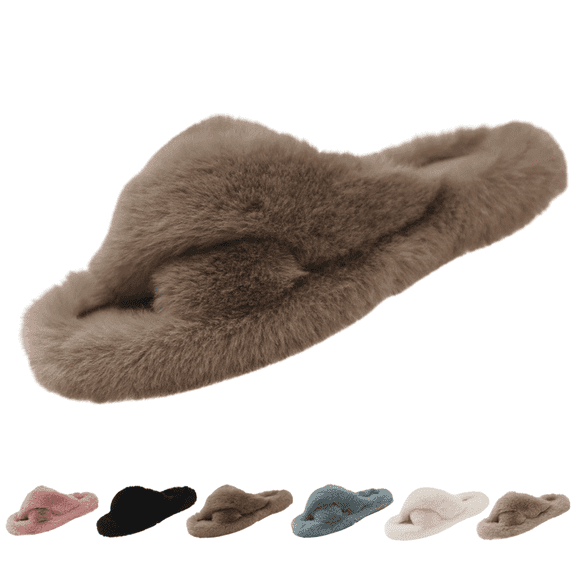 BERANMEY Women's Fuzzy Slippers Open Toe Cross Band Memory Foam House Slippers Indoor Outdoor Cozy Plush Slippers for Women Winter Warm Shoes