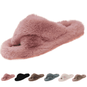 BERANMEY Women's Fuzzy Slippers Open Toe Cross Band Memory Foam House Slippers Indoor Outdoor Cozy Plush Slippers for Women Winter Warm Shoes