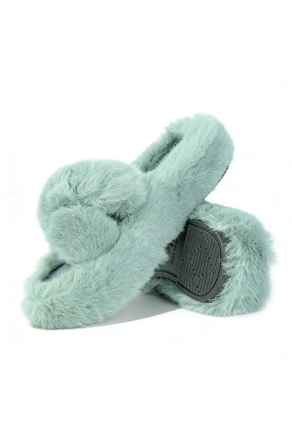 Women's Fuzzy Slippers Open Toe Cross Band Memory Foam House Slippers Indoor Outdoor Cozy Plush Slippers for Women Winter Warm Shoes