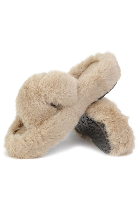Women's Fuzzy Slippers Open Toe Cross Band Memory Foam House Slippers Indoor Outdoor Cozy Plush Slippers for Women Winter Warm Shoes